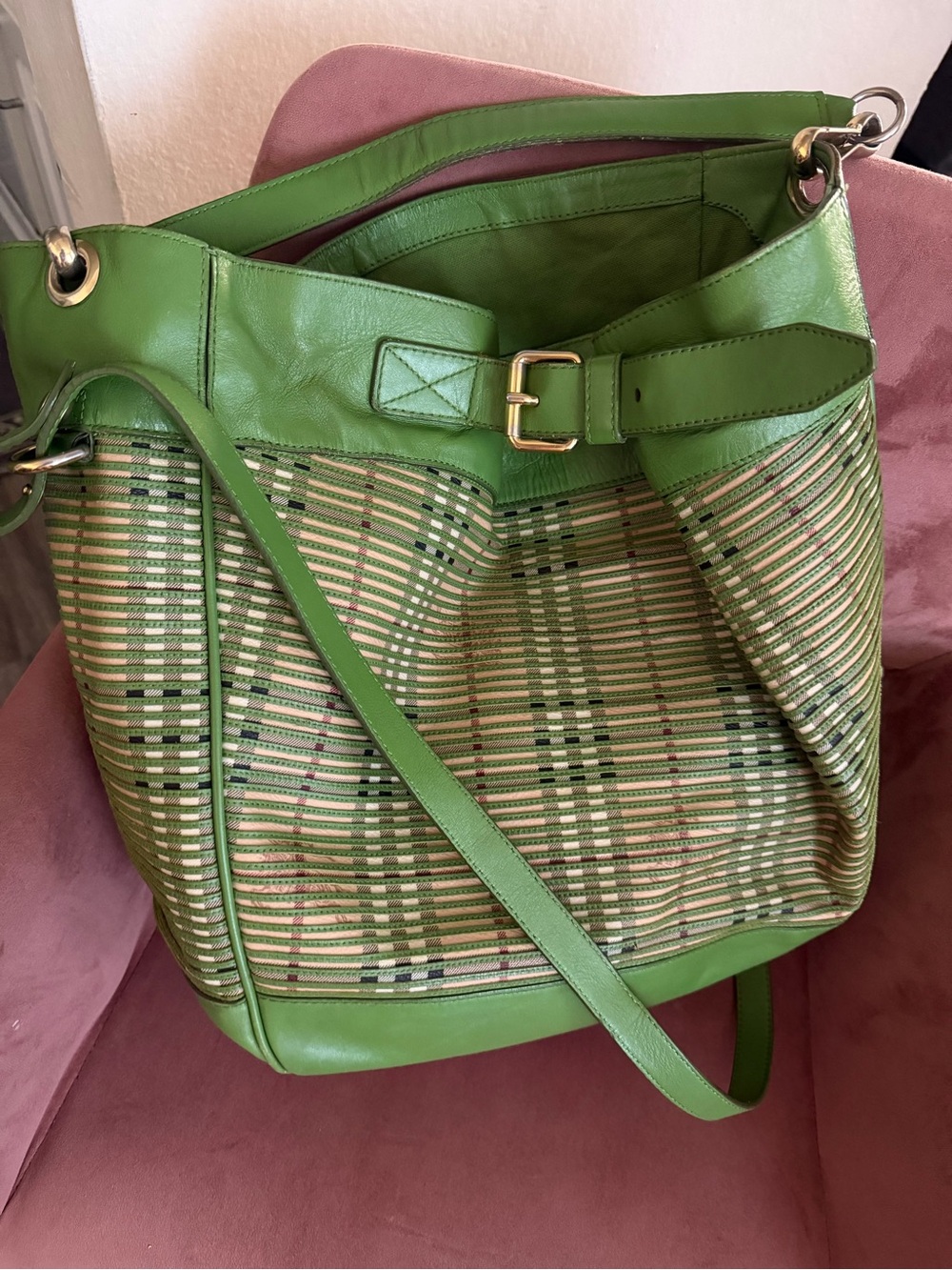 Authentic Burberry Haymarket Check Green Woven Leather XL Bag
